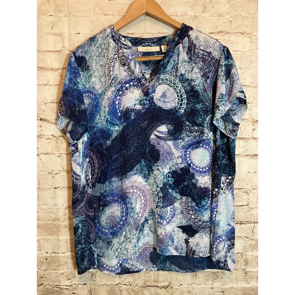 Sejour Top Women 16W Midnight Blue V Neck Tunic Medallion Print Plus Lightweight